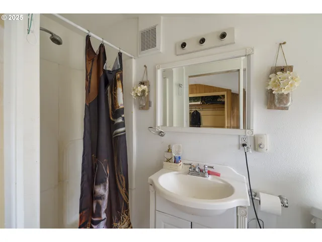 a bathroom with a sink a mirror and a shower