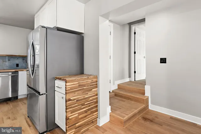 a kitchen with a refrigerator and a stove