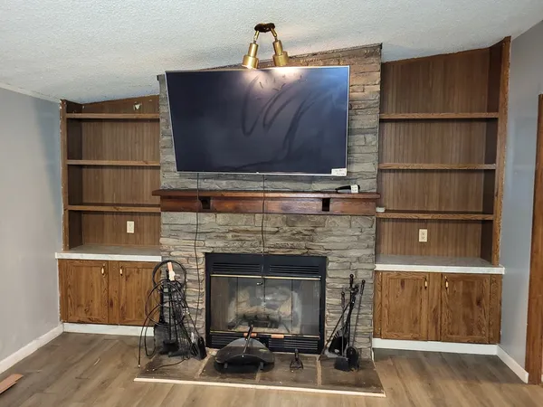 a living room with furniture and a fireplace