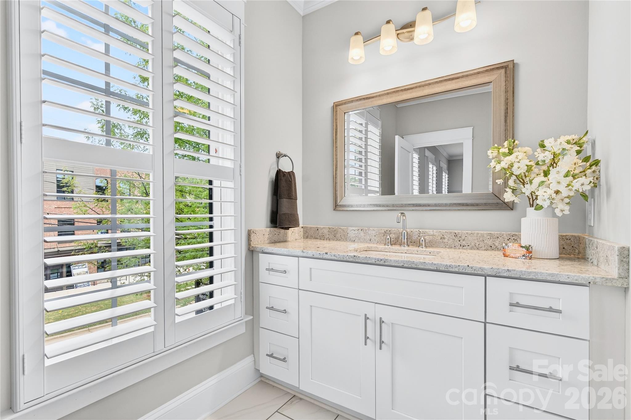 489 South Main Street Davidson, NC 28036 - Photo 28 of 43 a bathroom with a granite countertop sink and a mirror