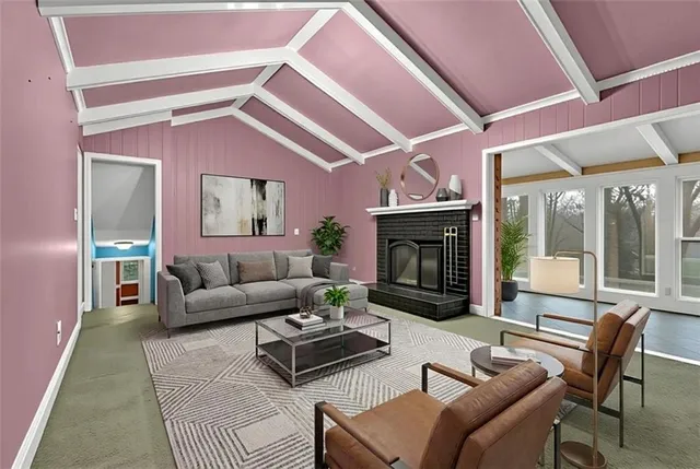 a living room with furniture wooden floor and a fireplace