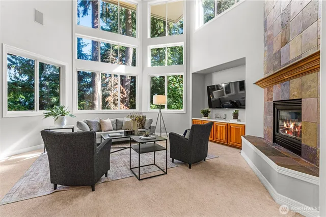 a living room with fireplace furniture and a flat screen tv