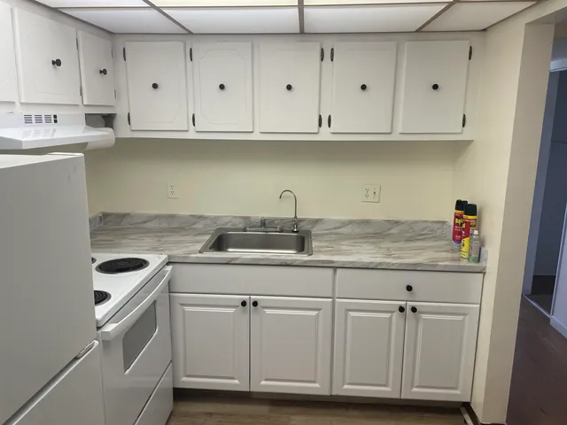a kitchen with white cabinets and sink