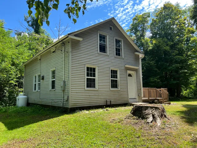 a view of a backyard with plants and large tree