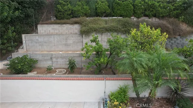 an aerial view of a house with a yard and a large tree