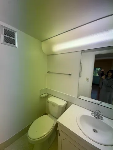 a bathroom with a toilet sink and mirror