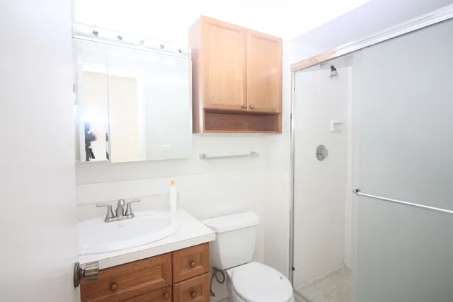 a bathroom with a sink a toilet and shower