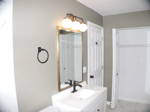 a bathroom with a sink mirror and a shower