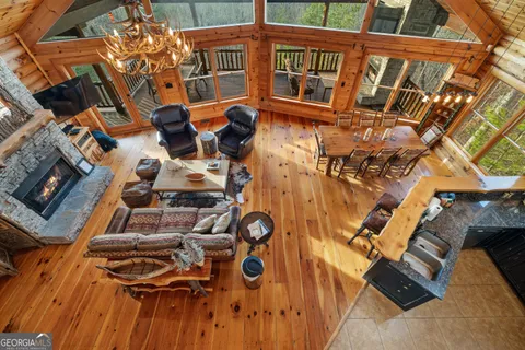 a balcony with wooden floor