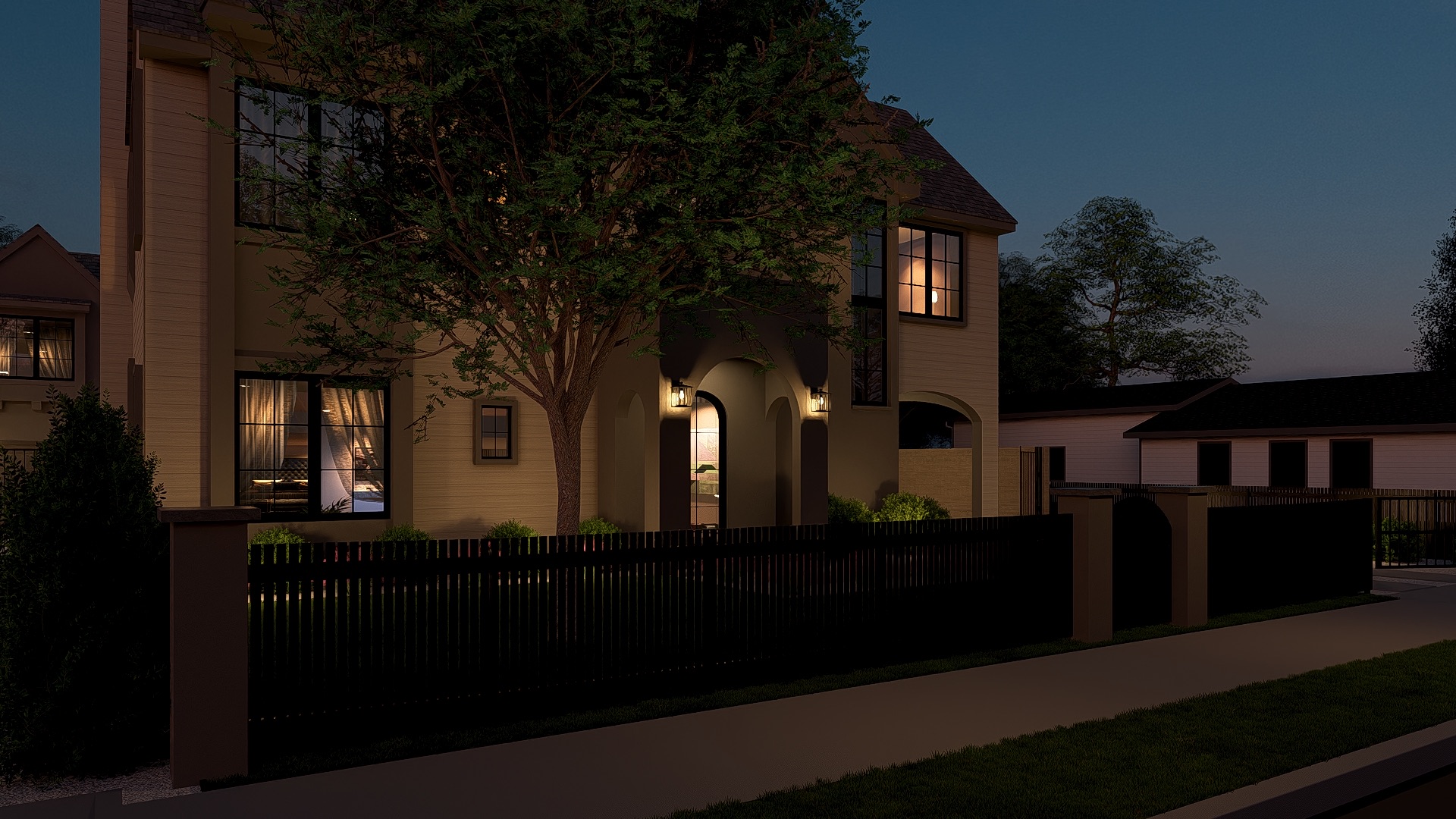 1309 Alguno Road, Unit 1 Austin, TX 78757 - Photo 7 of 33 Stately exterior featuring a light-toned facade, dark-framed windows, an arched entryway, and a dark picket fence