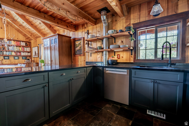 8737 Sage Run Road Kamas, UT 84036 - Photo 6 of 27 Kitchen featuring wood-paneled walls and vaulted wood-finish ceilings with exposed beams