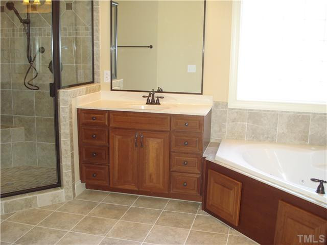7021 Rippling Stone Lane Raleigh, NC 27612 - Photo 13 of 25 a bathroom with a sink a vanity and a mirror