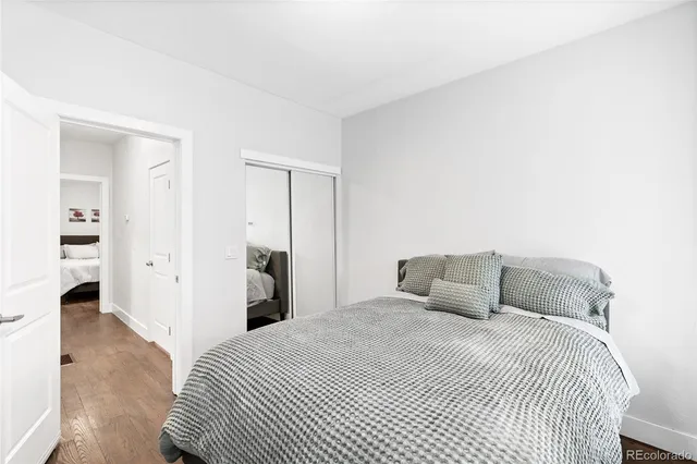 a bedroom with a bed and closet
