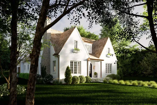 a view of a white house with a yard and plants