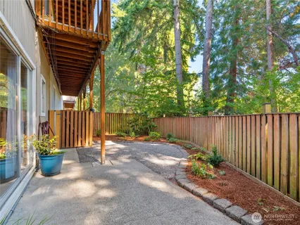a view of backyard with potted plants and wooden fence