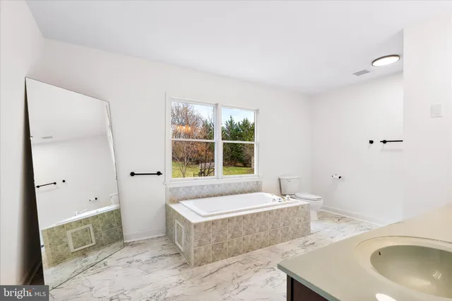 a bathroom with a tub a sink and a window