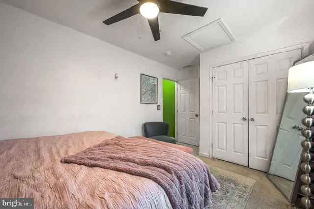 a bedroom with a bed and a walk in closet