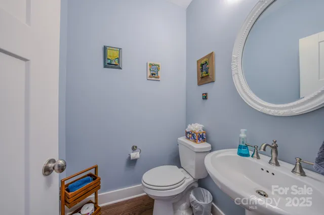 a bathroom with a sink mirror and toilet