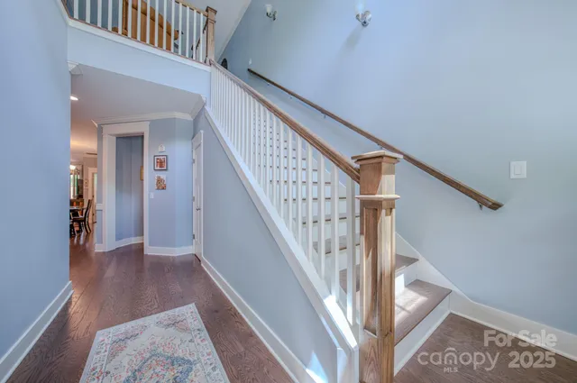 a view of staircase with wooden floor and a rug