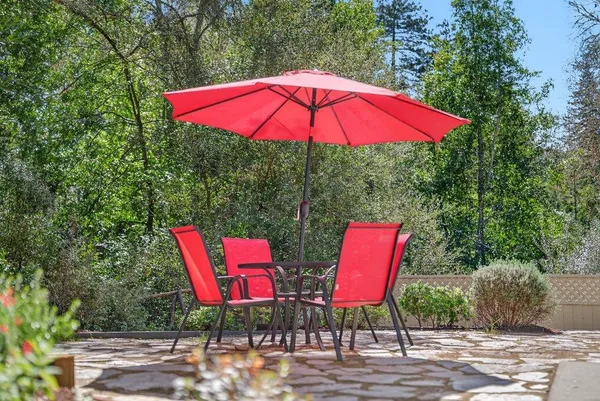 a view of a red and white umbrella