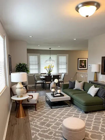 a living room with furniture a rug and a large window