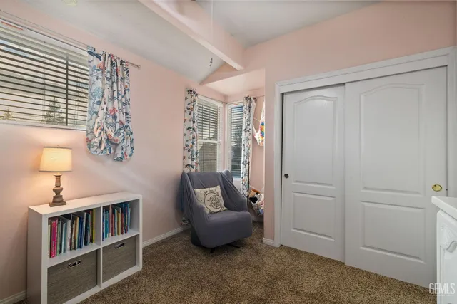 a living room with furniture and a book shelf