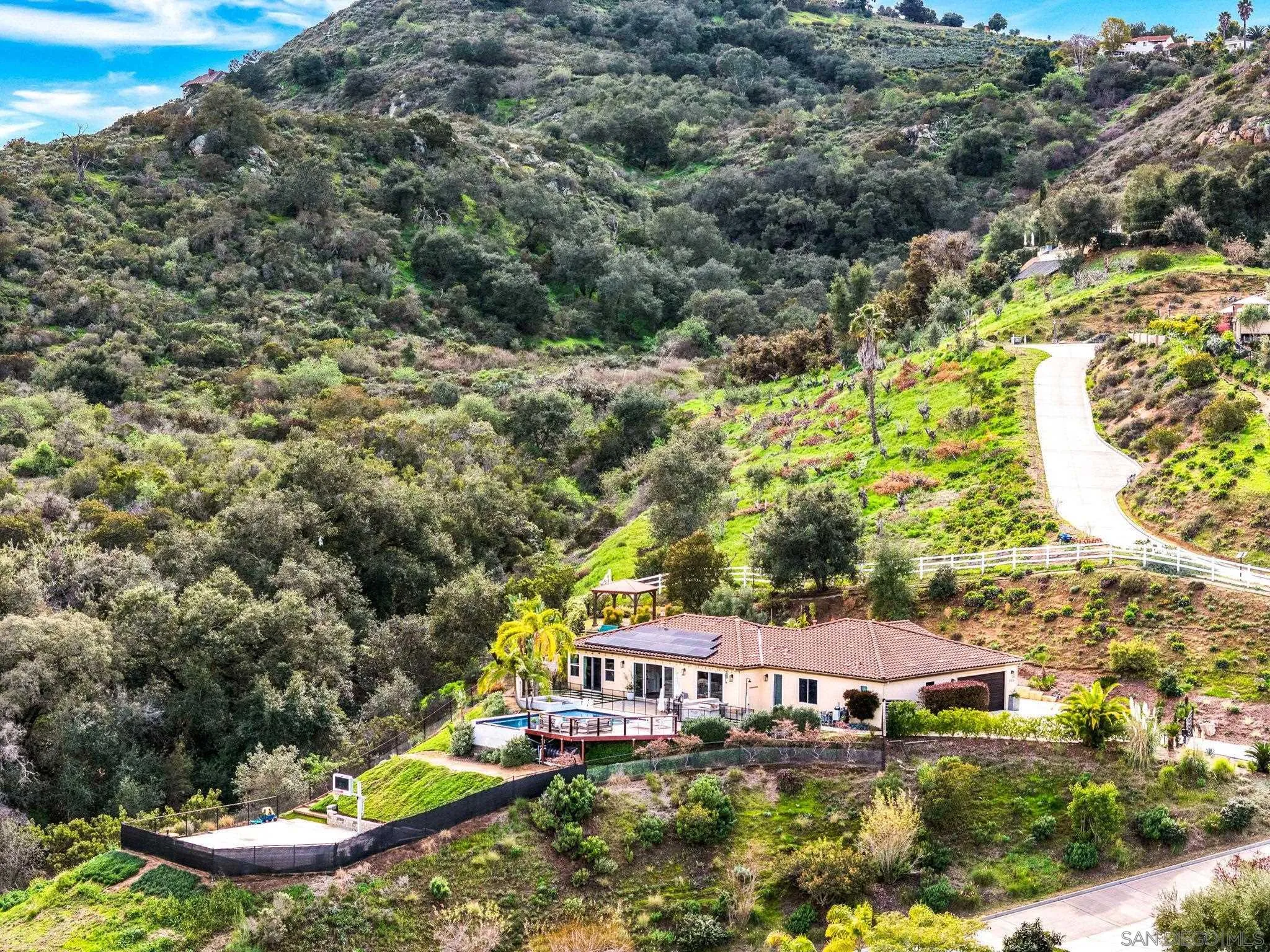 an aerial view of residential house with yard and swimming pool