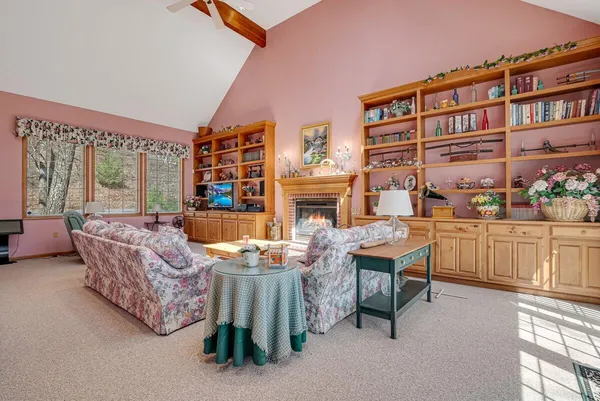 a living room with furniture a rug and a fireplace