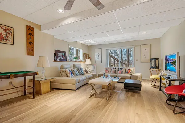 a living room with furniture and a table