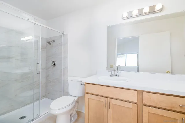 a bathroom with a sink toilet vanity and shower