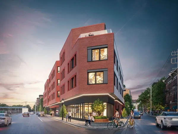 a front view of a building with street view