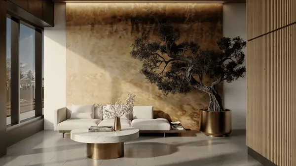 a dining room with furniture and a potted plant