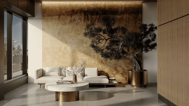 a dining room with furniture and a potted plant