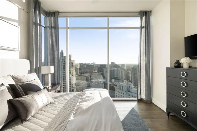 a view of a building with a large window