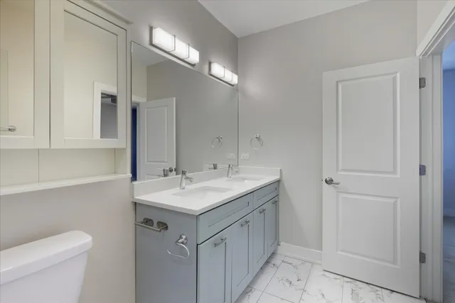 a bathroom with a sink a toilet a mirror and vanity