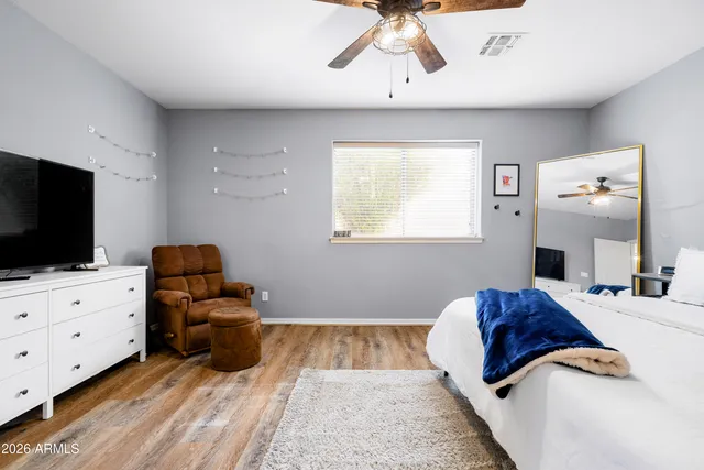 a workspace with wooden floor