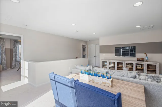 a living room with furniture and kitchen view