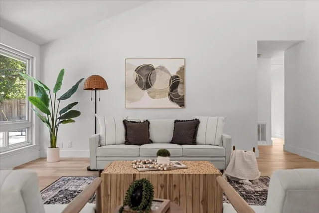 a living room with furniture and a potted plant