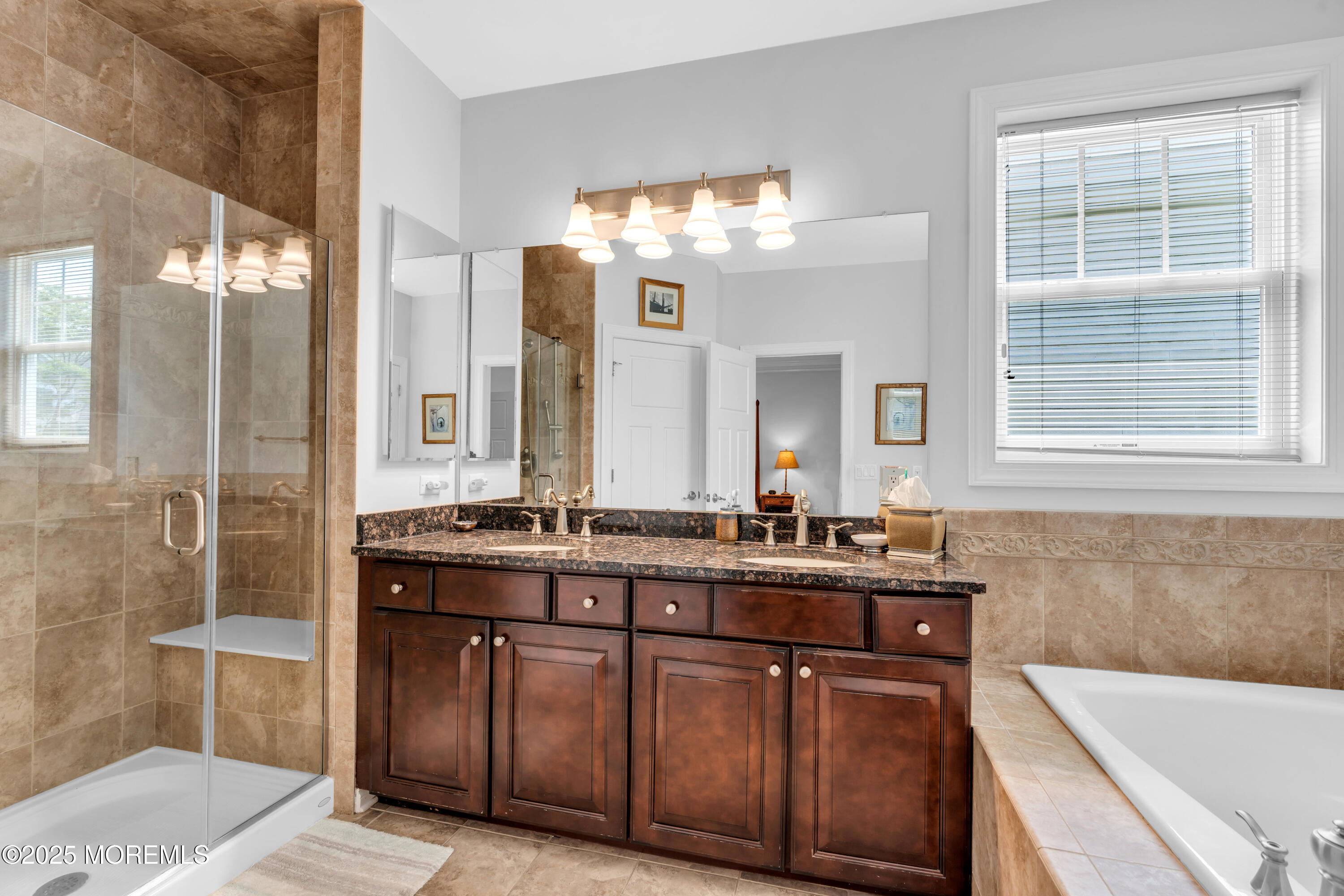 16 Haskell Way Oceanport, NJ 07757 - Photo 33 of 43 a bathroom with a granite countertop double vanity sink a mirror and a bathtub