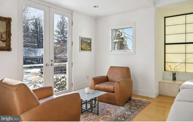 a living room with furniture a fireplace and a potted plant