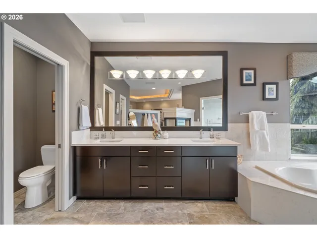 a bathroom with a granite countertop sink a toilet and a bathtub