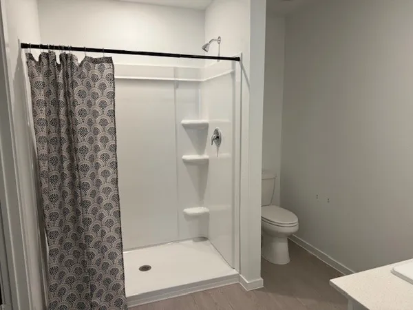 a bathroom with a shower and a toilet