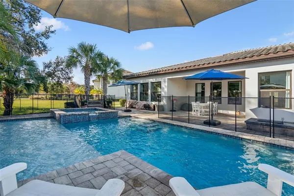 an aerial view of a house with a swimming pool outdoor seating and yard