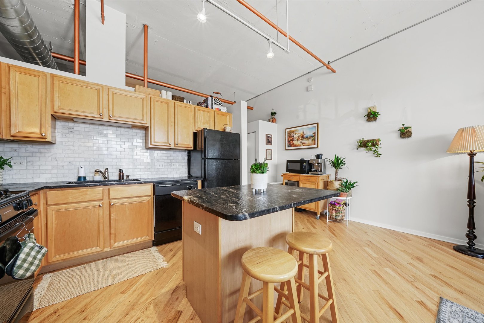 500 South Clinton Street, Unit 424 Chicago, IL 60607 - Photo 10 of 29 a kitchen with stainless steel appliances granite countertop a sink a stove a refrigerator cabinets and living room view