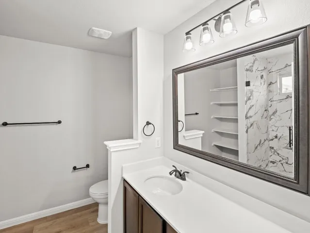 a bathroom with a sink and a mirror with toilet