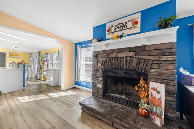 a living room with furniture and a fireplace