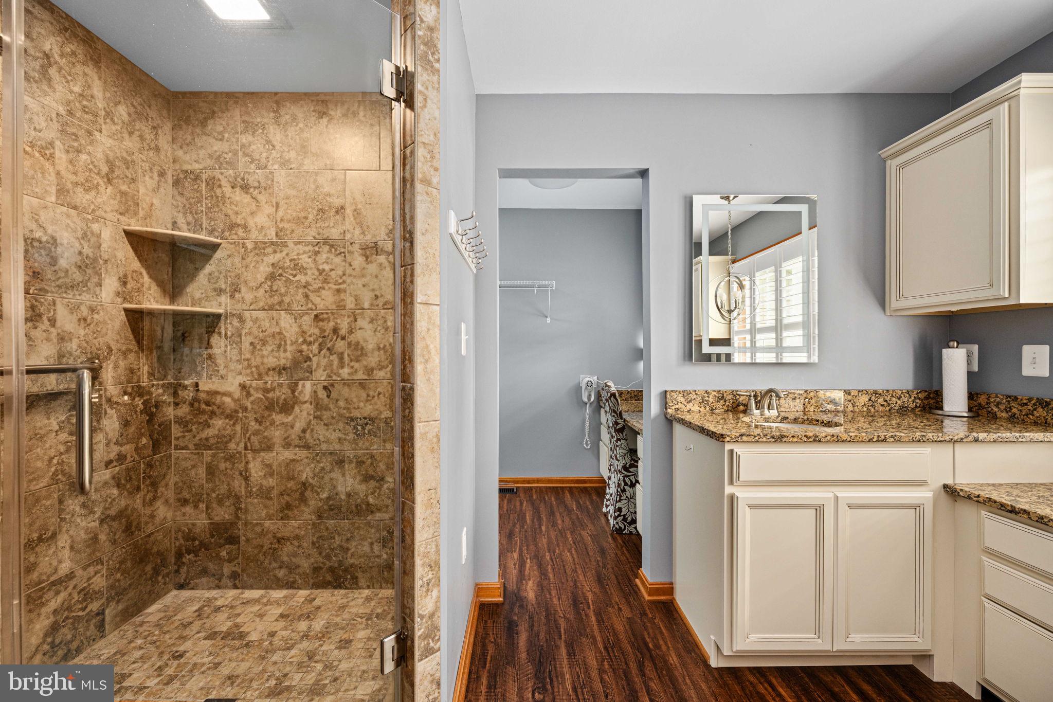 95 Potomac Lane Colonial Beach, VA 22443 - Photo 74 of 101 a bathroom with a granite countertop sink a mirror and shower