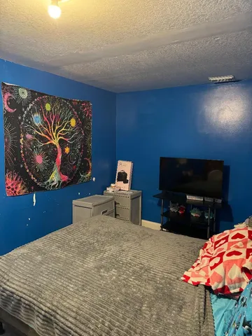 a bedroom with a bed and a television