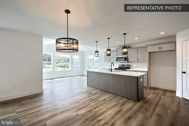 a kitchen with stainless steel appliances granite countertop a refrigerator a sink dishwasher a stove and a wooden floor