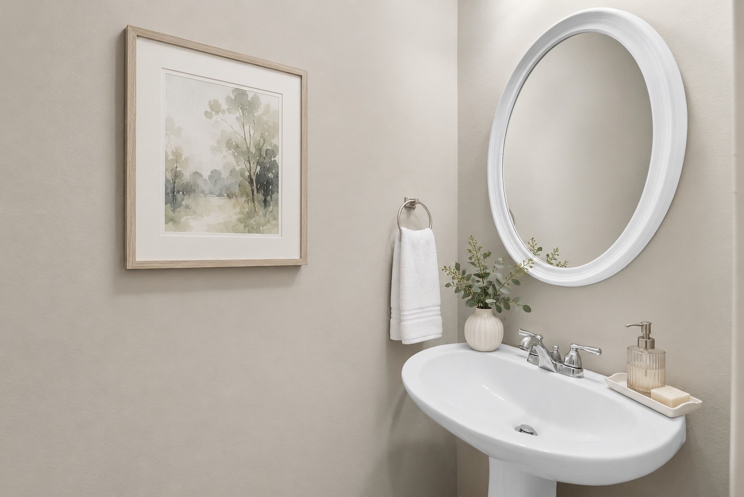 5724 Shady Hollow Court Rosharon, TX 77583 - Photo 22 of 27 Half bathroom features a clean, bright design with a classic pedestal sink, oval mirror, and neutral finishes. Thoughtful decorative touches add warmth and charm, highlighting the space’s everyday functionality and inviting feel. Virtually staged.